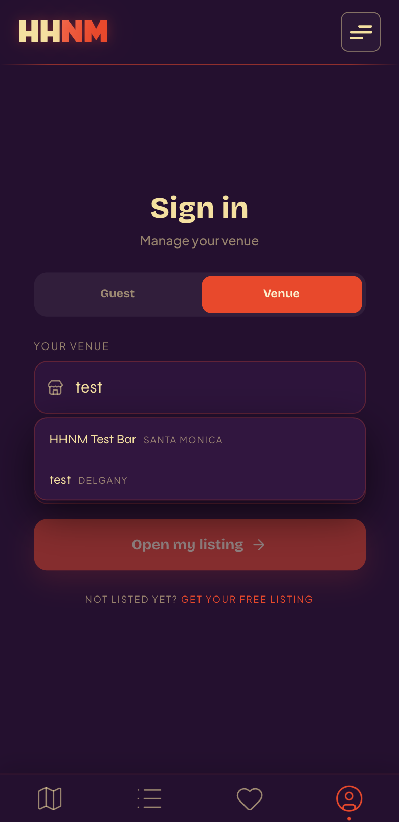Signing in to manage a venue